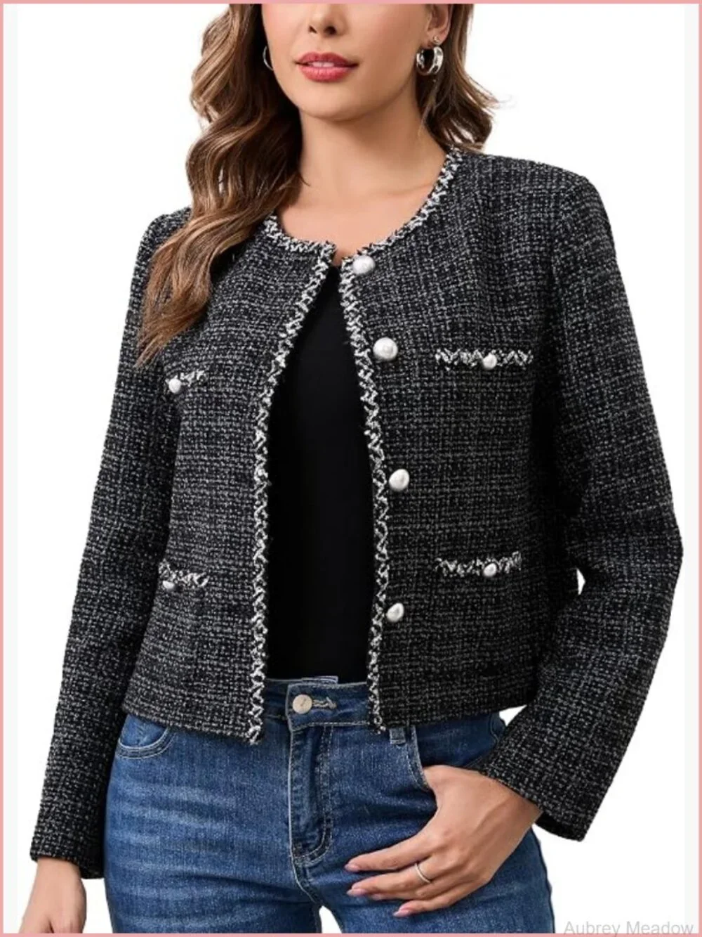 Cropped Tweed Blazer Jacket Long Sleeve with Pockets Crewneck Collarless Open